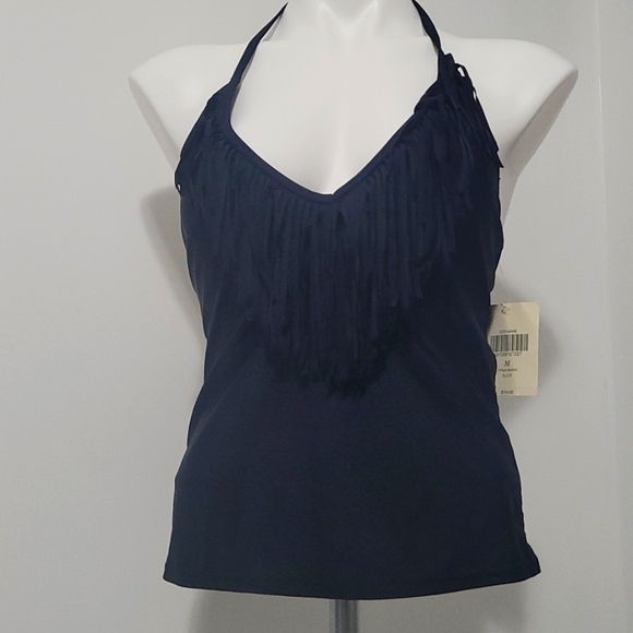 JESSICA SIMPSON SWIM HALTER TIE BIKINI FRINGE TANKINI BLACK TOP M SIZE M - Picture 1 of 10